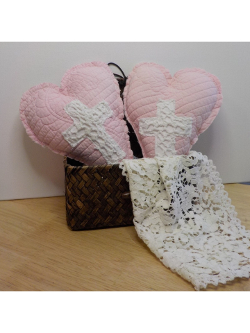 One Vintage Quilted Heart with Crocheted Lace, Quilted Hanging Heart