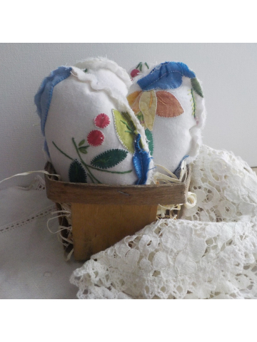 Vintage Embroidery Linen Fabric Eggs in Vintage Berry Basket/Bowl Filler/ Cupboard Ornament