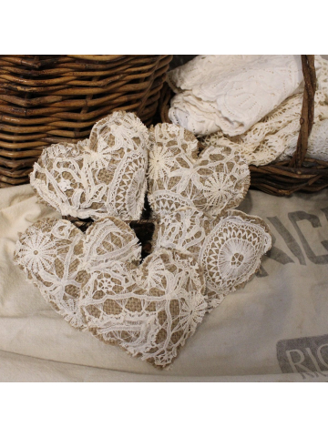 Vintage French Lace and Grain Sack Hearts, Farmhouse Decor, Peg Heart Hangers, Bowl Fillers