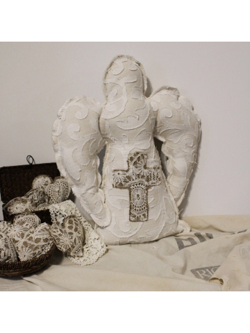 Vintage French Lace, Rag Fabric and Feed Sack Guardian Angel Cross Pillow