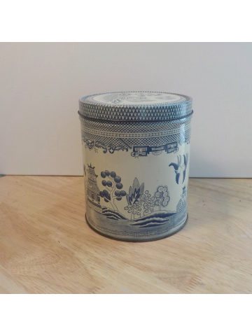 Vintage Japanese Landscape Tin, Antique Blue and White Kissing Doves Tin