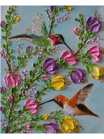 Anna and Rufous Hummingbird Impasto Painting, Hummingbird Oil Painting, Bird Painting