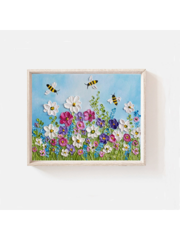 Custom Bee and Wildflowers Impasto Painting, Hummingbird Oil Painting, Bird Painting