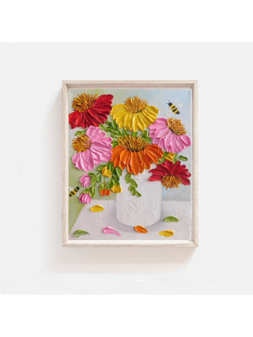 Custom Cone Flowers and Bee Impasto Painting, Bee and Cone Flower Oil Painting