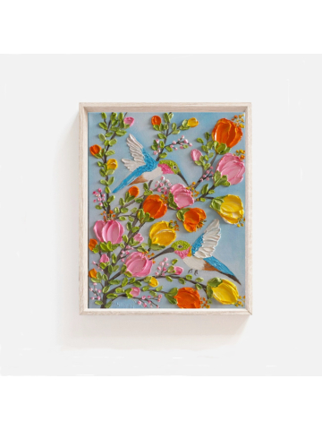 Custom Hummingbird and Flowers Impasto Painting, Hummingbird Oil Painting, Bird Painting