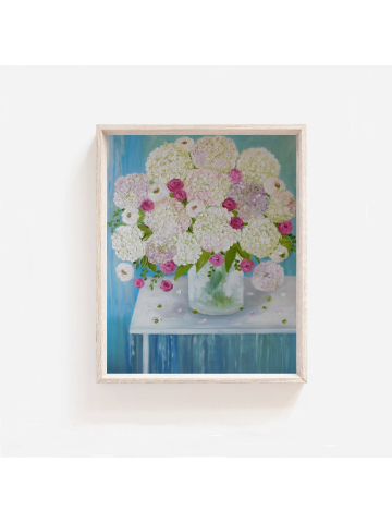 Hydrangea and Fresh Flowers Oil Impasto Painting, Modern Art