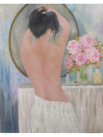 Fine Art Figurative Oil Painting, Woman in the Mirror Painting, "Morning Dressing Room"