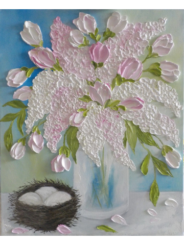 Spring Lilacs and Tulips Oil Painting, Impasto Oil Painting, Lilac Oil Painting