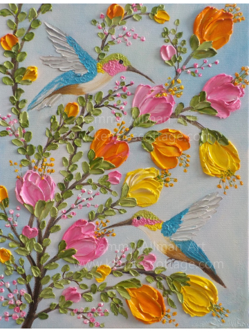 Custom Hummingbird and Flowers Impasto Painting, Hummingbird Oil Painting, Bird Painting
