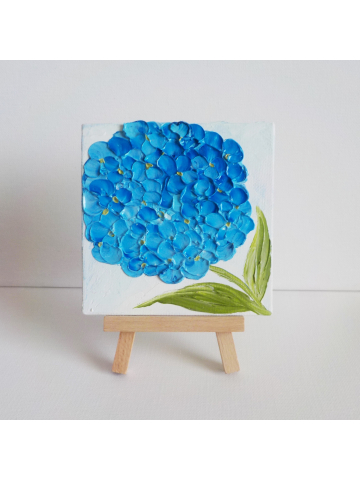 Miniature Panel Blue Hydrangea 4"x 4" Oil Impasto, Blue Hydrangea Painting with Easel, Gift boxed