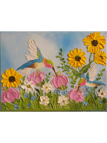 Custom Hummingbird and Wildflowers Impasto Painting, Hummingbird Oil Painting, Bird Painting