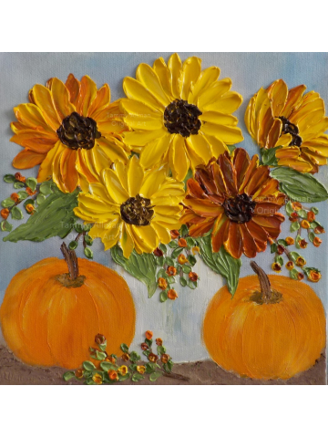 Sunflower and Pumpkin Oil Impasto  Painting, Fall Decor, Pumpkin Decor