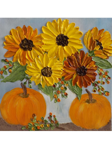 Sunflower and Pumpkin Oil Impasto  Painting, Fall Decor, Pumpkin Decor Sunflower and Pumpkin Oil Impasto  Painting, Fall Decor, Pumpkin Decor
