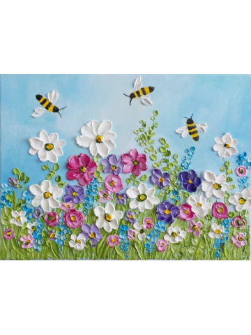 Custom Bee and Wildflowers Impasto Painting, Hummingbird Oil Painting, Bird Painting