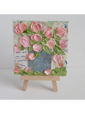 Miniature Oil impasto and Mixed Media "Grateful Heart " Painting with Easel