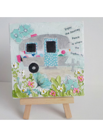 Miniature Oil impasto and Mixed Media Camper Painting with Easel