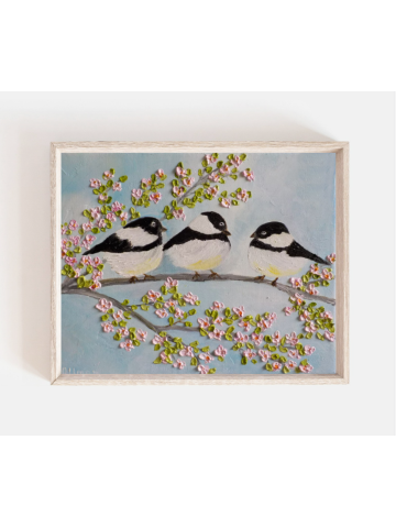 Custom Bird Oil Painting, Three Chickadee Birds on a Cherry Blossom Branch , Oil Bird Painting, Impasto Bird Painting,