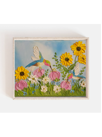 Custom Hummingbird and Wildflowers Impasto Painting, Hummingbird Oil Painting, Bird Painting