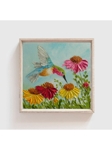 Custom Cone Flowers and Hummingbird Impasto Painting, Hummingbird Oil Painting Cone Flower Painting
