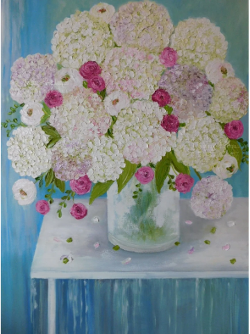 Hydrangea and Fresh Flowers Oil Impasto Painting, Modern Art