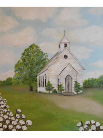 Old Church and Cotton Field Oil Impasto Painting, "Grace & Cotton",Custom Church Landscape