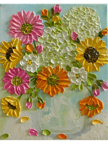 Gerbera Daisies, Hydrangeas and Sunflower Oil Impasto Painting, Custom Painting,