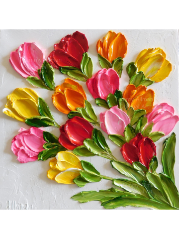 Custom Bright Tulip Oil Painting Impasto Painting ,4" x 4" up to 12"x 12" Tulip Oil Painting