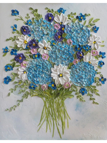 Whimsical Airy Bouquet of Hydrangeas and Wildflowers Oil Impasto Painting, Custom Oil Impasto Painting,