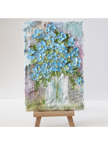 Easel Quilted Oil Impasto Painting, Mixed Media Oil "Forget Me Not " Painting, Quilted Artwork
