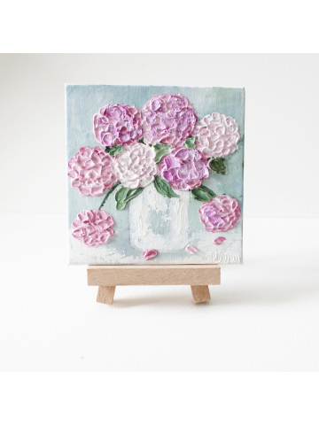 Pink Hydrangea oil impasto on Canvas  Panel with Easel , Miniature Painting with Easel
