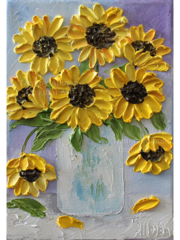 Sunflower Oil Impasto  Painting, Fall Decor