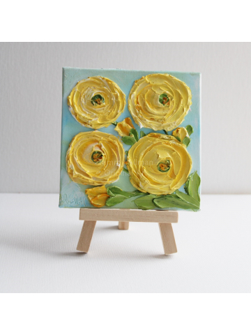 Yellow Ranunculus Impasto Painting with Easel, Miniature Painting