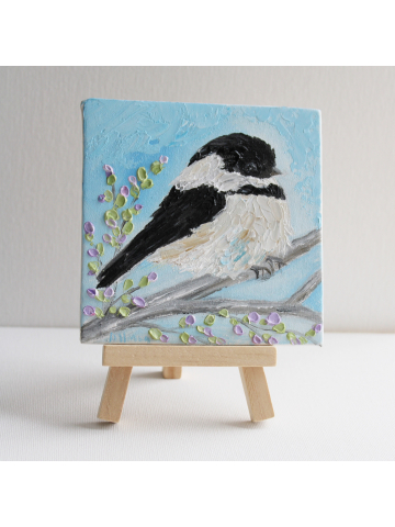 4" x 4 " Miniature Chickadee on a Branch  Impasto Painting with Easel, Bird Shelf Painting