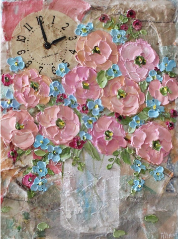 Mixed Media Vintage Quilt Impasto Oil Painting, Quilted Art, " Zinnia's and Forget Me Nots" Farmhouse Decor, Cottage Decor