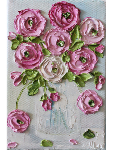 Pink Ranunculus Oil Impasto Painting, 5" x 7" Ranunculus Flower Painting