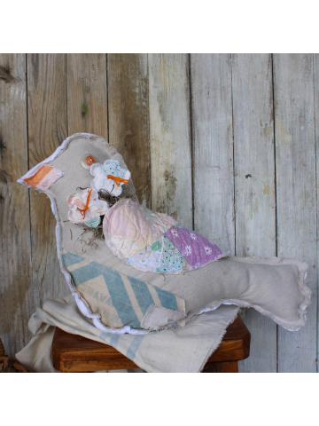 1960's Tattered Quilt and Feed Sack Bird Pillow, Garden Flower and Bird Pillow