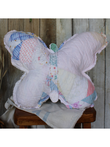 1960's Vintage Tattered Quilt Butterfly Pillow, Farmhouse pillow, Nursery Pillow, Decorative Farmhouse pillow