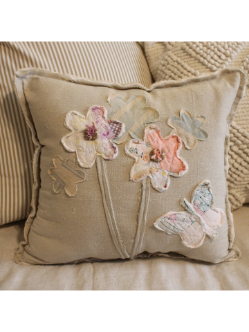 Vintage Quilt Butterfly and Flowers Feed Sack Pillow, Spring and Summer Decor, Garden Butterfly Pillow, Upcycled Quilt and Feed Sack