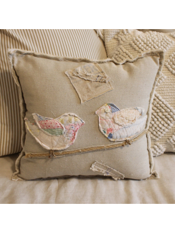 Vintage Bird on a Branch Pillow, Spring and Summer Decor, Garden Butterfly Pillow, Upcycled Quilt and Feed Sack