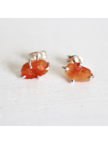 Raw Stone Carnelian Agate Fine Silver Studs, Orange Carnelian Agate Rough Stone Earrings