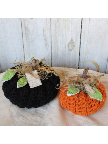 Orange and Black Hand Crocheted Pumpkin Set with Vintage Quilted Leaves