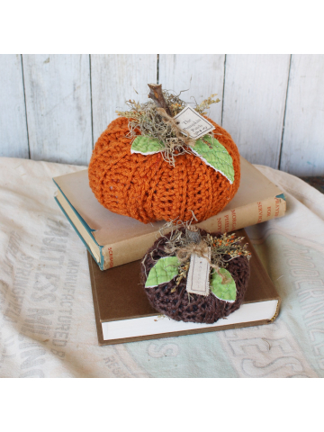Hand Crocheted Orange and Brown  Pumpkin Set with Vintage Quilted Leaves, Thanksgiving Decor