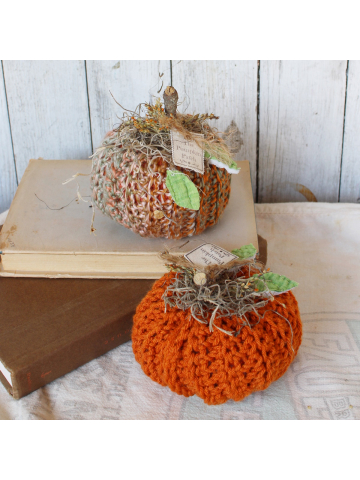 Hand Crocheted Pumpkin Set with Vintage Quilted Leaves, Thanksgiving Pumpkins