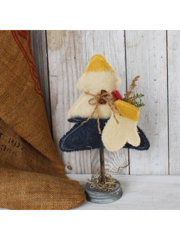 Vintage Pendleton Wool  12" Christmas Tree with a Antique Ball Zinc Lid Base, Antique Table Tree