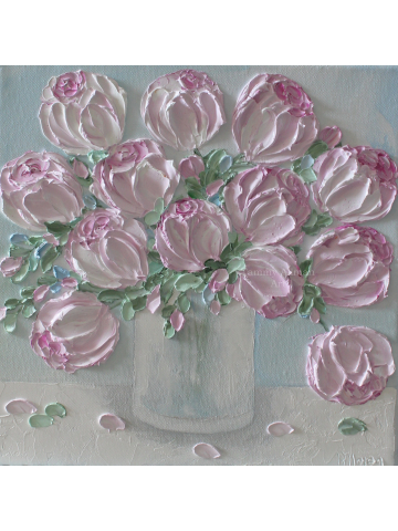 Pale Pink Peonies Impasto Painting, Custom Impasto Peony Oil Painting