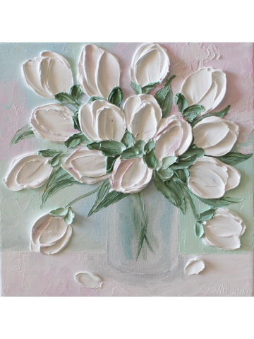 White and Pale Pink Oil Impasto Tulip Painting, 8"x 8" Oil Tulip Painting