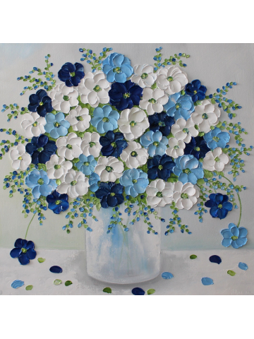 Custom Anemone Oil Impasto Original Painting, Navy, Light Blue, and White Anemone Flowers