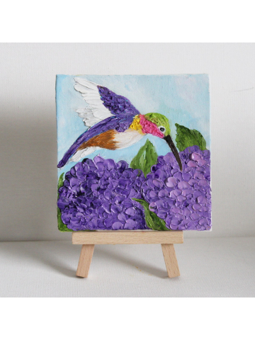 Miniature Hummingbird and Purple Hydrangea Oil Impasto Painting, Tiny 4" x 4" Painting with Easel, Gift boxed