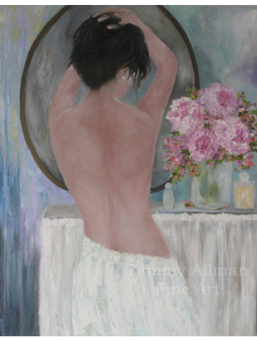 Fine Art Figurative Oil Painting, Woman in the Mirror Painting, "Morning Dressing Room"