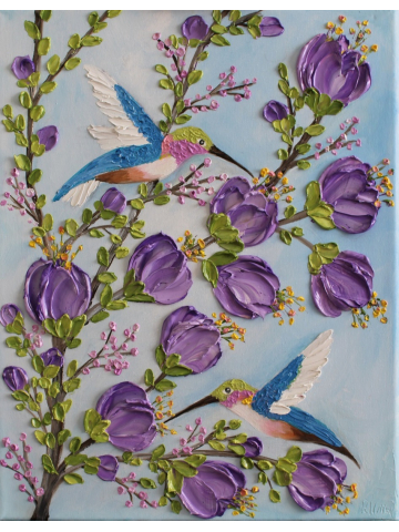 Custom Hummingbird and Lavender Flowers Impasto Painting, Hummingbird Oil Painting, Bird Painting